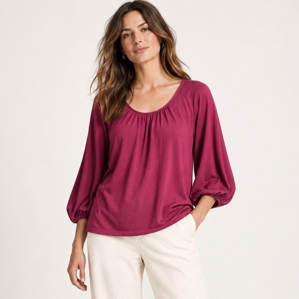 Banana Republic Womens Top XL Burgundy Puff Sleeve Balloon Scoop Neck Relaxed
